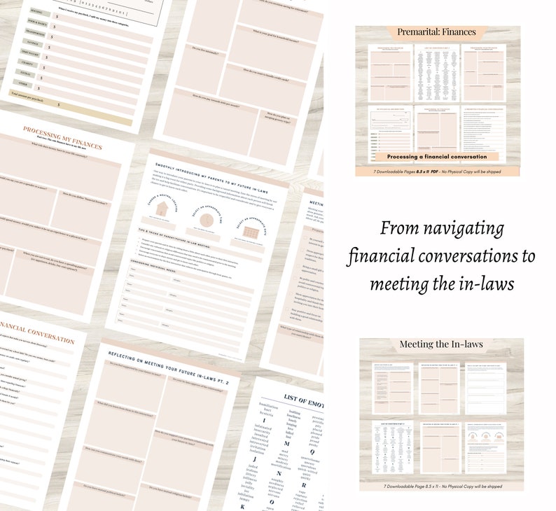 May include: A set of printable worksheets designed to help couples navigate premarital finances, including topics like processing financial conversations and meeting the in-laws. The worksheets feature a minimalist design with a light pink background and black text.
