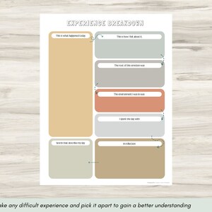 May include: A printable worksheet with a beige background and teal accents. The worksheet is titled "Experience Breakdown" and includes prompts for reflection on a difficult experience. The prompts include "This is what happened today", "This is how I felt about it", "The root of this emotion was", "The environment I was in was", "I spent the day with", "Words that describe my day", and "In reflection".