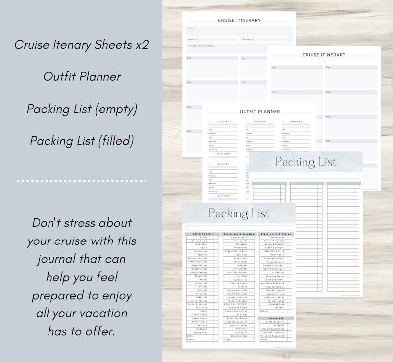 Cruise Planner Bundle, Packing List, Travel Itineraries, Emergency Contact List, Travel Countdown, Outfit Planner, Travel Diary, PDF image 5
