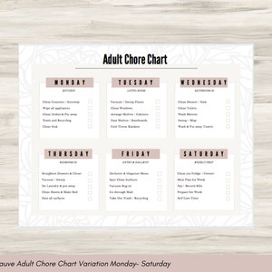 May include: A printable chore chart with a mauve background and white text. The chart is divided into seven sections, one for each day of the week. Each section lists chores for different areas of the house, such as the kitchen, bathroom, bedroom, and living room. The chart includes a check box next to each chore.