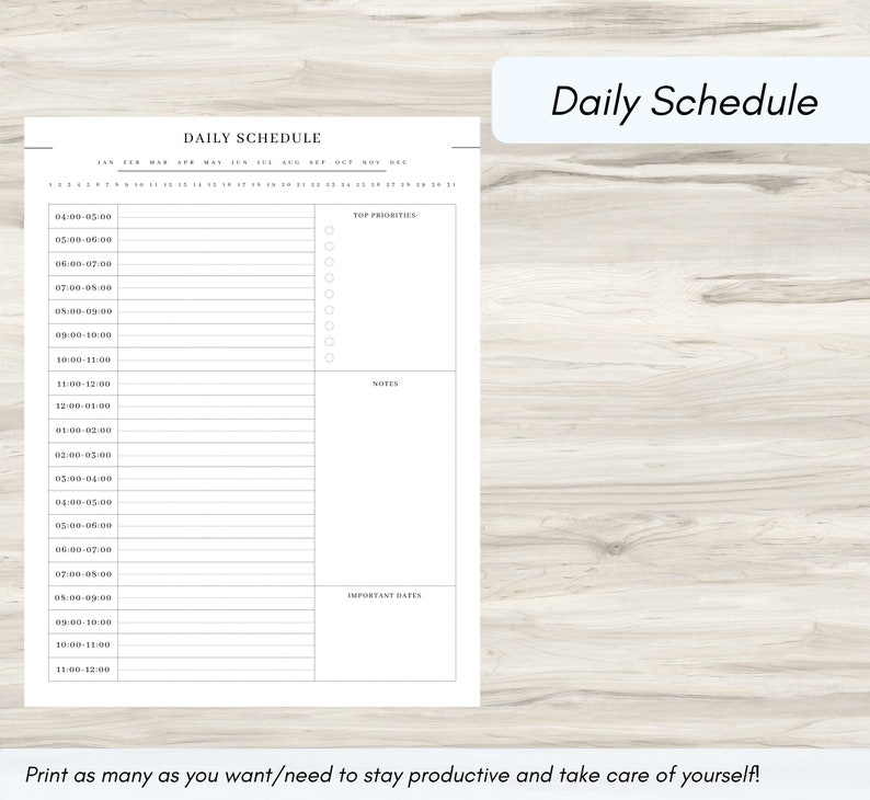 Pode incluir: Um planejador de cronograma di&aacute;rio branco com um design minimalista. O planejador inclui se&ccedil;&otilde;es para hor&aacute;rios, principais prioridades, notas e datas importantes. O texto "Daily Schedule" est&aacute; no topo, com o texto "Print as many as you want/need to stay productive and take care of yourself!" na parte inferior.