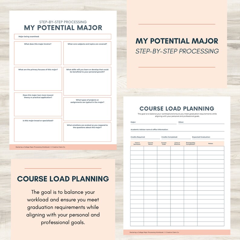 May include: A printable worksheet with a pink background and blue text. The worksheet is titled "My Potential Major" and includes a step-by-step process for choosing a major. The worksheet also includes a section for course load planning.