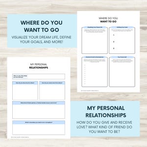 May include: A printable worksheet with blue and white text on a white background. The worksheet is titled "Where Do You Want To Go?" and "My Personal Relationships". The worksheet includes prompts for visualizing your dream life, defining your goals, personal growth and development, and your future self.