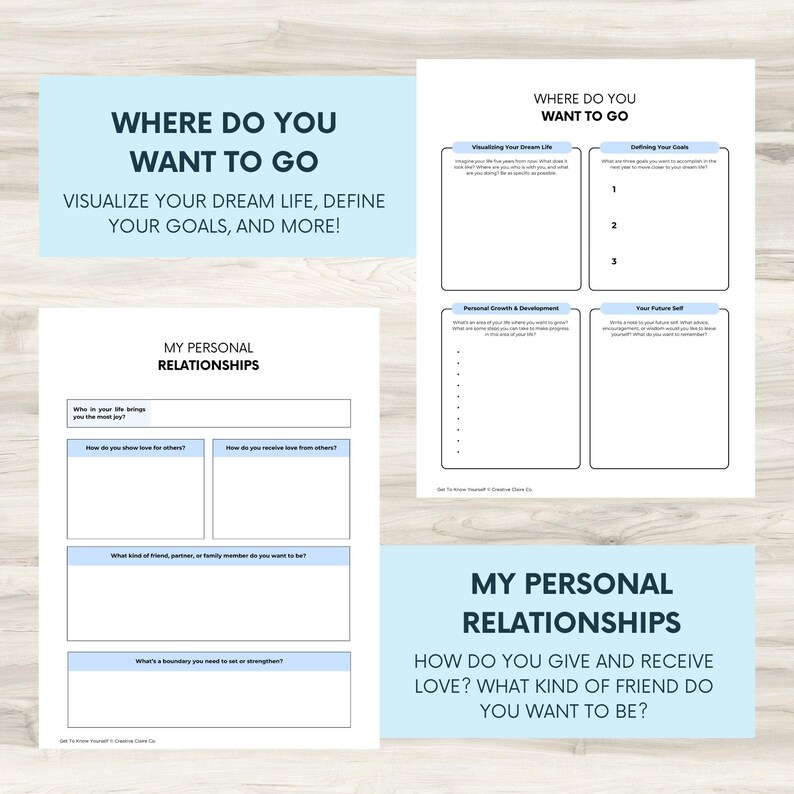 May include: A printable worksheet with blue and white text on a white background. The worksheet is titled "Where Do You Want To Go?" and "My Personal Relationships". The worksheet includes prompts for visualizing your dream life, defining your goals, personal growth and development, and your future self.