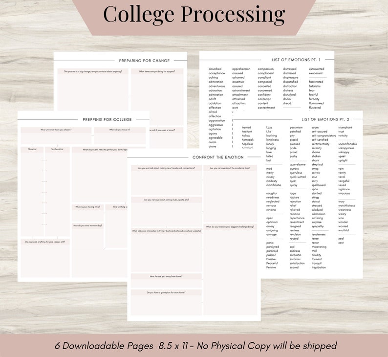 May include: A set of six downloadable college processing pages, 8.5 x 11 inches, with prompts for preparing for change, prepping for college, and confronting emotions. Includes lists of emotions. Text at the top reads "College Processing".