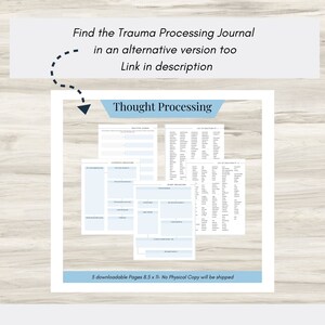 May include: A printable thought processing journal with five pages, each with a different section for journaling. The journal is designed to help people process their thoughts and feelings. The title of the journal is "Thought Processing".