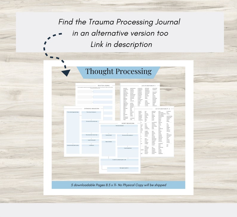 May include: A printable thought processing journal with five pages, each with a different section for journaling. The journal is designed to help people process their thoughts and feelings. The title of the journal is "Thought Processing".