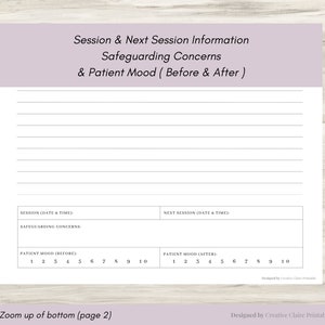 May include: A printable worksheet for tracking session and next session information, safeguarding concerns, and patient mood before and after a session. The worksheet includes sections for date and time, safeguarding concerns, and patient mood ratings on a scale of 1 to 10.