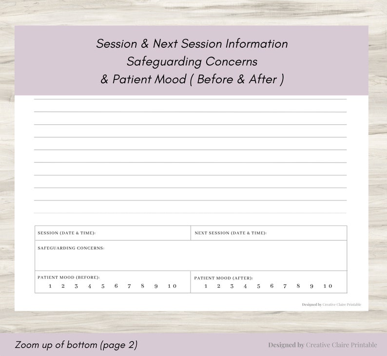 May include: A printable worksheet for tracking session and next session information, safeguarding concerns, and patient mood before and after a session. The worksheet includes sections for date and time, safeguarding concerns, and patient mood ratings on a scale of 1 to 10.