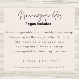 May include: A printable PDF guide with the title "Non-negotiables" and a list of topics related to healthy relationships. The guide includes 8 pages and is 8.5 inches by 11 inches.