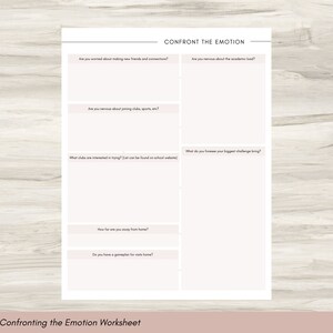May include: A worksheet titled "Confront the Emotion" with prompts to address feelings. The document features questions about making friends, academic stress, joining clubs, and challenges. The worksheet is printed on a light pink paper.
