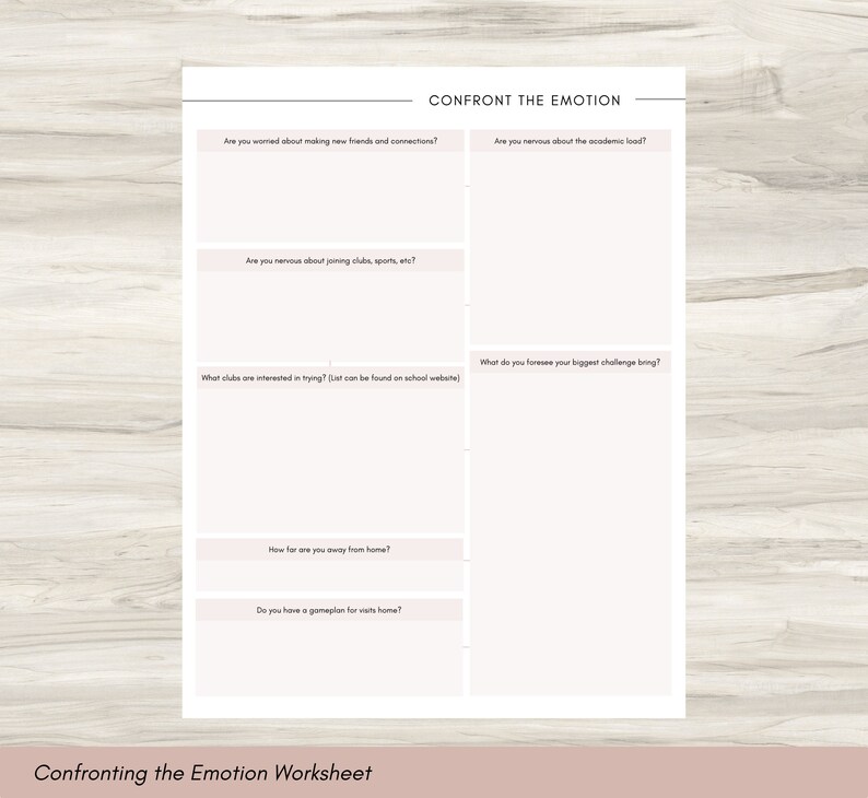 May include: A worksheet titled "Confront the Emotion" with prompts to address feelings. The document features questions about making friends, academic stress, joining clubs, and challenges. The worksheet is printed on a light pink paper.