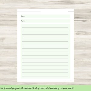This is the last page from the Grief Journal. It's a lined blank journal page with a green background. Use with the prompts focused on finding strength and resilience for personal growth.