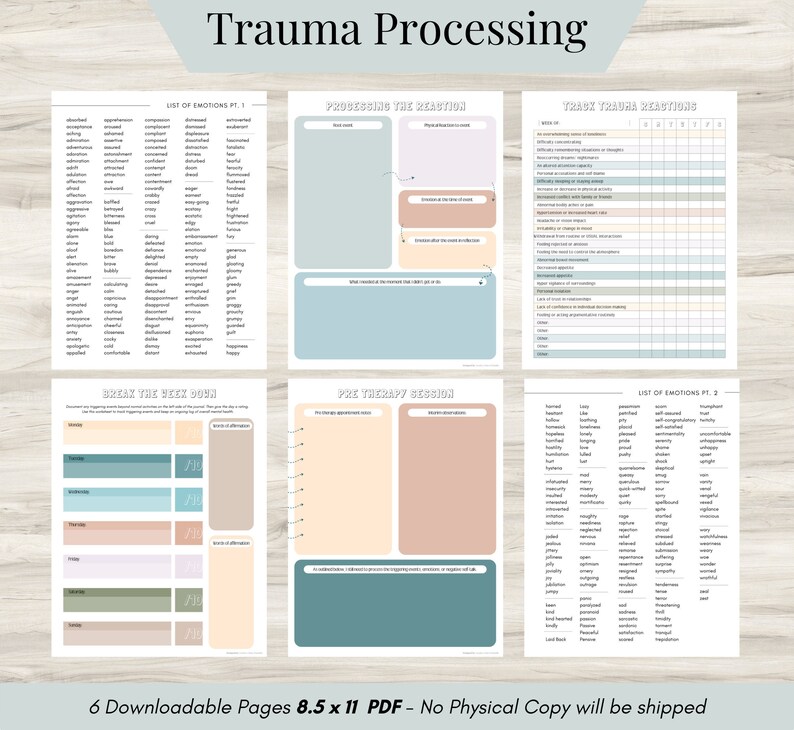 May include: A printable PDF workbook with six pages for trauma processing. The pages include lists of emotions, a section for processing the reaction, a pre-therapy session section, and a section for tracking trauma reactions. The pages are designed with a light blue, pink, and green color scheme.