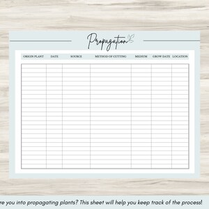 May include: A printable propagation tracker sheet with headings for origin plant, date, source, method of cutting, medium, grow date, and location. The sheet is on a light blue background with a handwritten title "Propagation" and a small leaf graphic.
