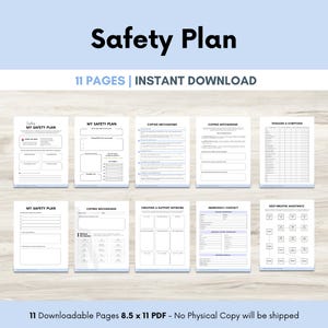 Könnte beinhalten: Ein digitaler Download mit dem Titel "Safety Plan" mit 11 Seiten. Die Seiten enthalten Abschnitte für persönliche Informationen, Bewältigungsmechanismen und Notfallkontakte. Der Text "Sofort-Download" ist ebenfalls sichtbar.
