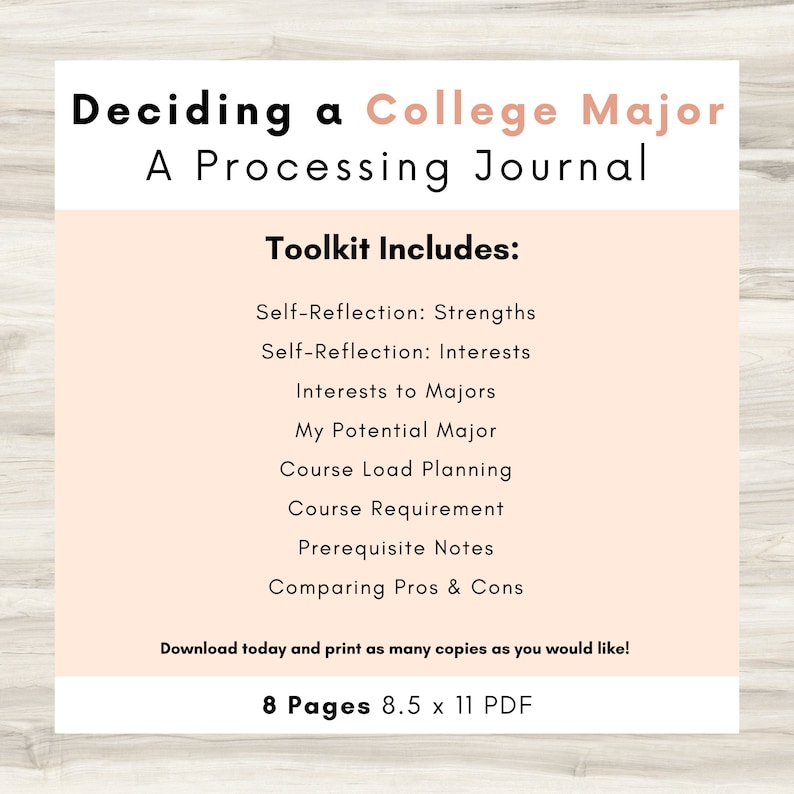 May include: A pink and white printable journal titled "Deciding a College Major: A Processing Journal". The journal includes a toolkit with sections for self-reflection, interests, potential majors, course load planning, course requirements, prerequisite notes, and comparing pros and cons. The journal is 8.5 x 11 inches and has 8 pages.