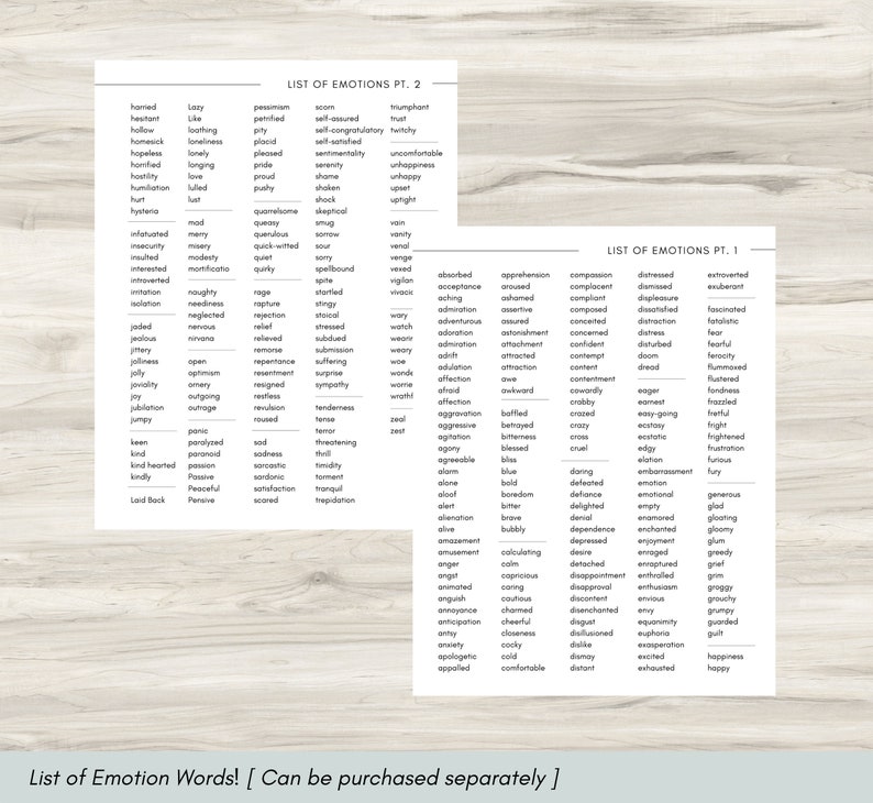 May include: A printable list of emotion words divided into two parts. The list includes words like joy, sadness, anger, fear, and love. The words are printed in black text on a white background.