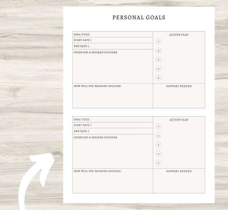 May include: A printable worksheet with two sections for setting personal goals. Each section includes fields for goal title, start date, end date, overview and desired outcome, how to measure success, action plan, and support needed.