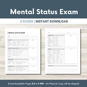 Puede incluir: Descarga digital de dos páginas titulada "Mental Status Exam". El documento incluye secciones para la apariencia, el comportamiento, el estado de ánimo y los procesos de pensamiento. El texto "2 PAGES | INSTANT DOWNLOAD" se muestra en la parte superior. El documento es de 21,59 x 27,94 cm.
