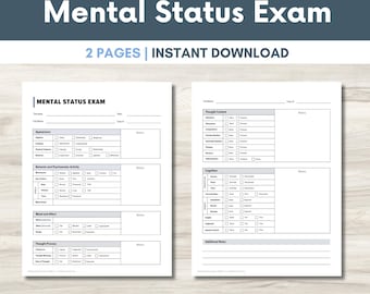 May include: Two-page digital download titled "Mental Status Exam." The document includes sections for appearance, behavior, mood, and thought processes. The text "2 PAGES | INSTANT DOWNLOAD" is displayed at the top. The document is 8.5 x 11 inches.