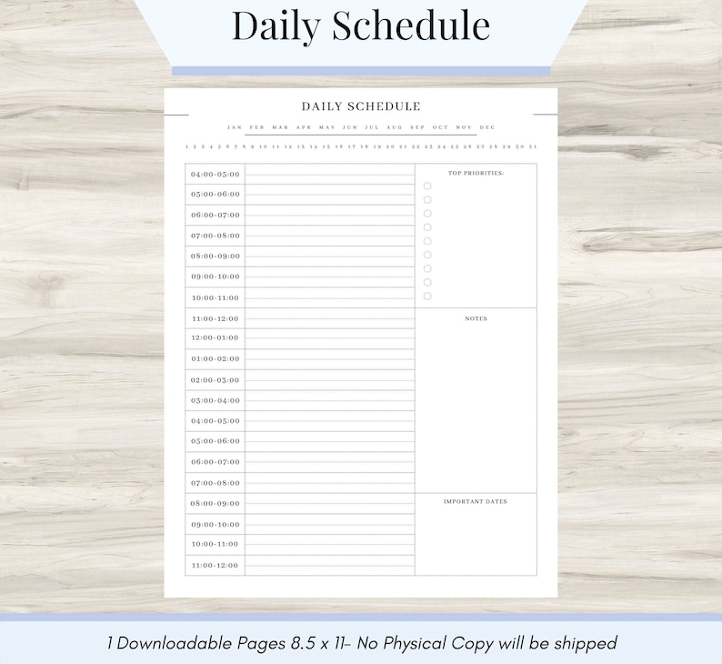 Pode incluir: Um hor&aacute;rio di&aacute;rio imprim&iacute;vel branco com o t&iacute;tulo "Daily Schedule" no topo. O hor&aacute;rio inclui hor&aacute;rios das 4h00 &agrave;s 12h00, com se&ccedil;&otilde;es para as principais prioridades, notas e datas importantes. O texto "Daily Schedule" tamb&eacute;m est&aacute; presente.