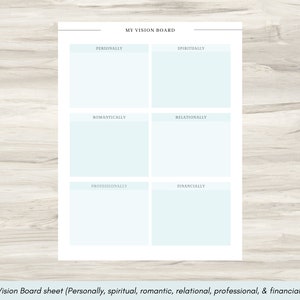 May include: A printable vision board template with six sections labeled "Personally", "Spiritually", "Romantically", "Relationally", "Professionally", and "Financially".