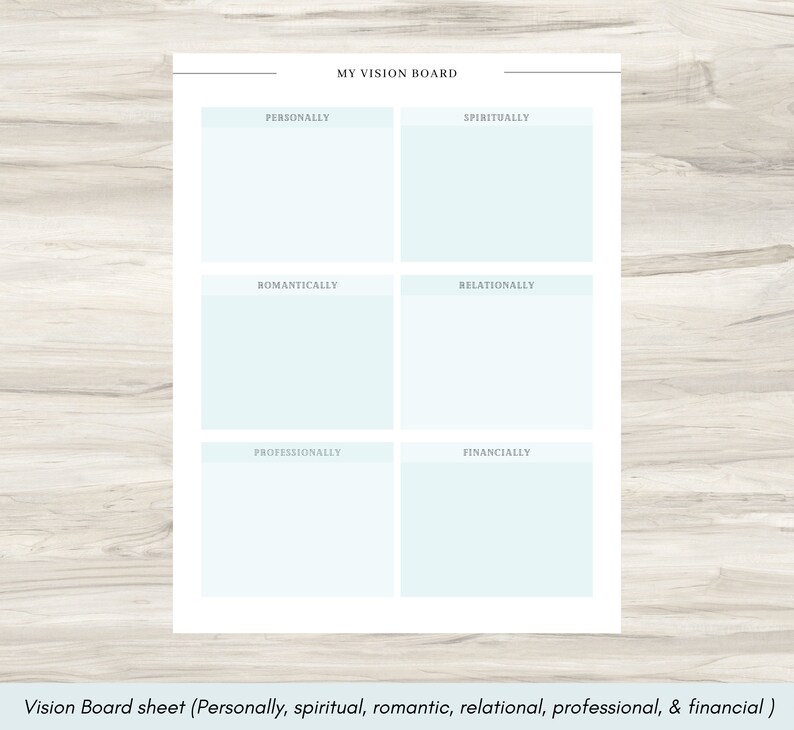 May include: A printable vision board template with six sections labeled "Personally", "Spiritually", "Romantically", "Relationally", "Professionally", and "Financially".
