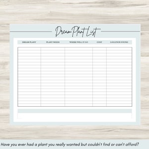 May include: A printable dream plant list with columns for the plant name, plant needs, where it will go, cost, and location found. The text "Dream Plant List" is at the top of the page. The text "Have you ever had a plant you really wanted but couldn't find or can't afford?" is at the bottom of the page.