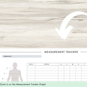 Peut inclure: Un tableau de suivi des mesures imprimable en noir et blanc avec une chronologie, une date, des notes et des colonnes pour le cou, la poitrine, la taille, les hanches et les cuisses. Le tableau comprend une silhouette d'une personne avec des lignes pour mesurer diff&eacute;rentes parties du corps.