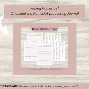 May include: A digital journal titled "Homesick Processing" with pink pages and text. The journal includes prompts and lists of emotions. The cover reads "Feeling Homesick? Checkout the Homesick processing Journal."