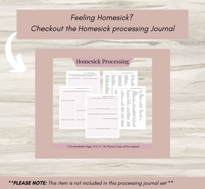 May include: A digital journal titled "Homesick Processing" with pink pages and text. The journal includes prompts and lists of emotions. The cover reads "Feeling Homesick? Checkout the Homesick processing Journal."