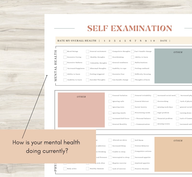 Self Examination, Holistic Check-in, How do you feel, Therapy Journal Worksheets, digital Mental Health Page, Daily self-care, Mental health image 4