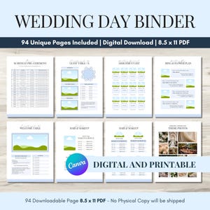 Puede incluir: Un organizador digital para el día de la boda con 94 páginas únicas en formato PDF de 21,59 x 27,94 cm. El diseño incluye varias plantillas de planificación, como horarios, disposiciones de mesas, listas de tareas y collages de fotos.