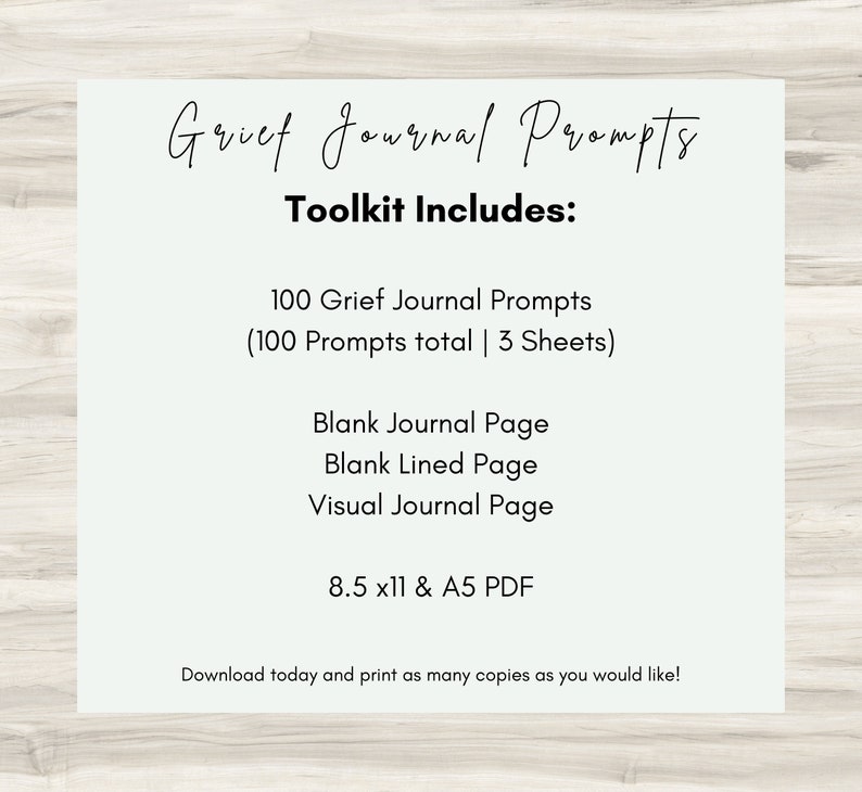 Inside the Grief Journal, discover comforting prompts and strategies for coping with loss, promoting emotional recovery and self-discovery. Included is 3 pages of prompts, and three types of blank journal pages.