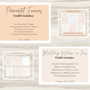 May include: A printable toolkit for premarital couples, with a peach background and black text. The toolkit includes sections on finances, meeting the in-laws, and future in-laws. The toolkit is 8.5 inches by 11 inches.