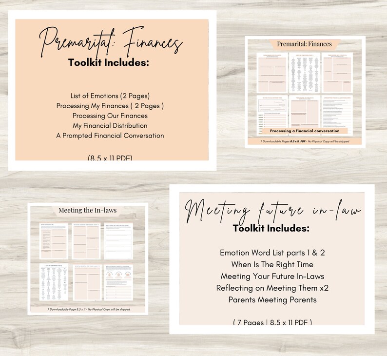 May include: A printable toolkit for premarital couples, with a peach background and black text. The toolkit includes sections on finances, meeting the in-laws, and future in-laws. The toolkit is 8.5 inches by 11 inches.