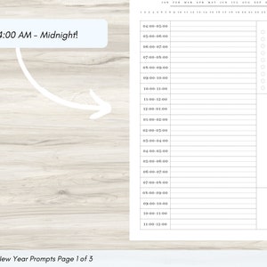 Pode incluir: Uma p&aacute;gina de planejador branca com um hor&aacute;rio das 4h00 &agrave; meia-noite. A p&aacute;gina inclui uma se&ccedil;&atilde;o para tarefas e notas importantes. O texto "New Year Prompts Page 1 of 3" est&aacute; na parte inferior, com o texto "4:00 AM - Midnight!" em uma bolha.