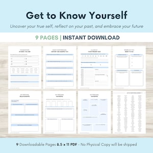 May include: A printable workbook with nine pages to help you get to know yourself. The workbook includes prompts to reflect on your past, present, and future. The title of the workbook is "Get to Know Yourself".