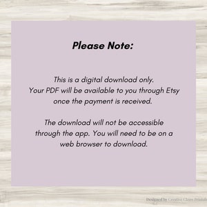 May include: A light purple text box with the text "Please Note:" in black. The text box contains information about digital downloads and how to access them. The text box is on a light wood background.