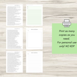 The Grief Journal showcased in one image. All six pages are displayed against a calming background, featuring prompts emphasizing self-care and providing supportive tools for individuals navigating their grief journey.
