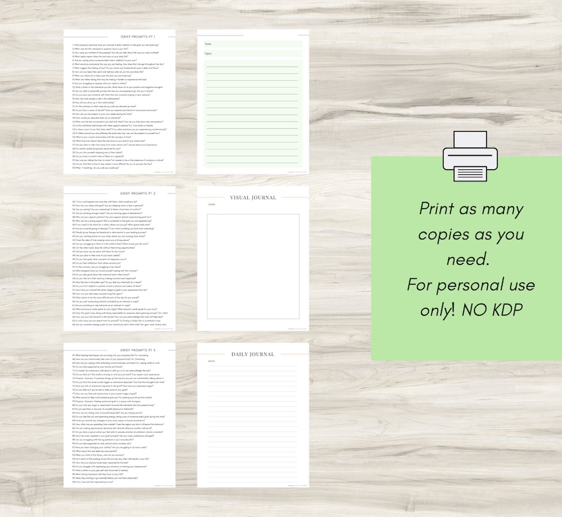 The Grief Journal showcased in one image. All six pages are displayed against a calming background, featuring prompts emphasizing self-care and providing supportive tools for individuals navigating their grief journey.