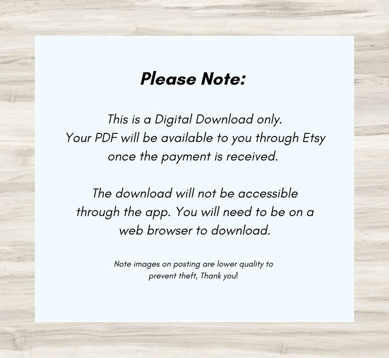 Pode incluir: Aviso de download digital em um fundo azul claro com o texto "Please Note:". O texto explica que o PDF est&aacute; dispon&iacute;vel atrav&eacute;s do Etsy ap&oacute;s o pagamento e n&atilde;o &eacute; acess&iacute;vel atrav&eacute;s do aplicativo. Tamb&eacute;m observa que as imagens s&atilde;o de menor qualidade para evitar roubo.