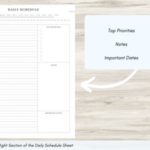 Pode incluir: Uma folha de programa&ccedil;&atilde;o di&aacute;ria branca com se&ccedil;&otilde;es para as principais prioridades, notas e datas importantes. A folha inclui um calend&aacute;rio no topo e uma se&ccedil;&atilde;o rotulada como "Right Section of the Daily Schedule Sheet". O texto "Top Priorities", "Notes" e "Important Dates" tamb&eacute;m &eacute; vis&iacute;vel.