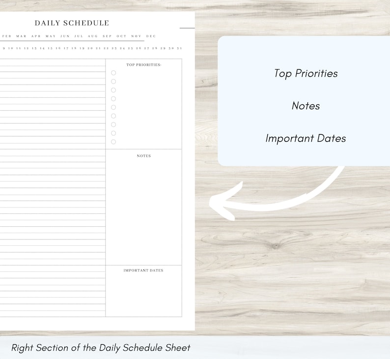Pode incluir: Uma folha de programa&ccedil;&atilde;o di&aacute;ria branca com se&ccedil;&otilde;es para as principais prioridades, notas e datas importantes. A folha inclui um calend&aacute;rio no topo e uma se&ccedil;&atilde;o rotulada como "Right Section of the Daily Schedule Sheet". O texto "Top Priorities", "Notes" e "Important Dates" tamb&eacute;m &eacute; vis&iacute;vel.