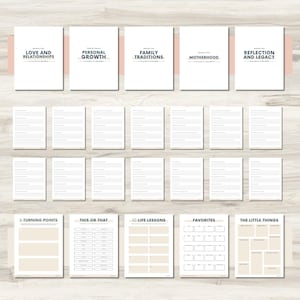 May include: A collection of printable journal pages with headings such as "Love and Relationships," "Personal Growth," and "Family Traditions." The pages are white with black text and a beige border, designed for reflection and journaling.
