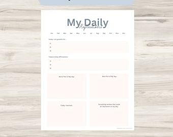 May include: Printable daily reflection journal page with sections for gratitude, affirmations, best and worst parts of the day, and what you learned. The page is designed with a light pink background and gray text.