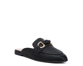 RAG & CO: Abner Horsebit Embellished Raffia Slip On Mules