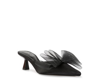 LONDON RAG: Asma Organza Bow Embellished Satin Mules