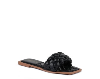 LONDON RAG: Marcue Patent Pu Quilted Slides In Woven Straps